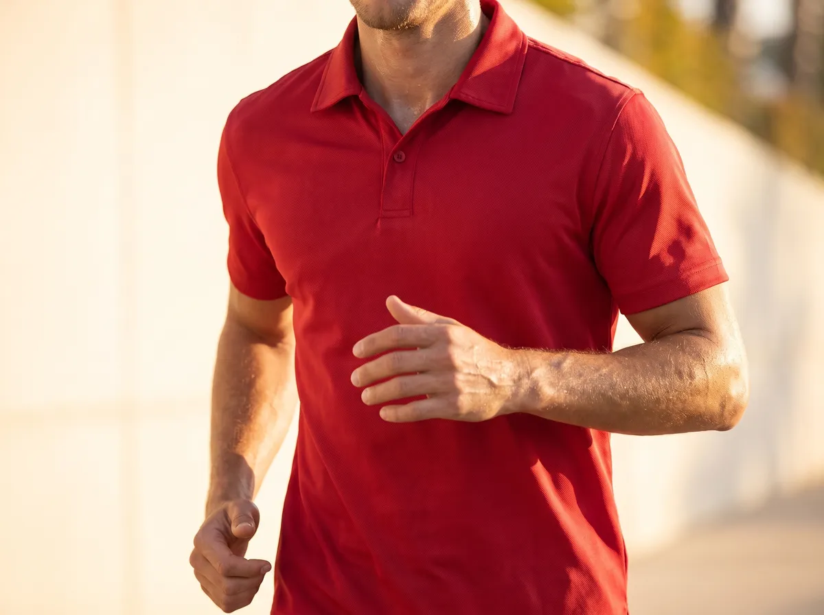 The polo worn outdoors on a run