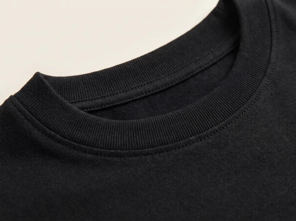 Close-up of the collar and the double needle stitching