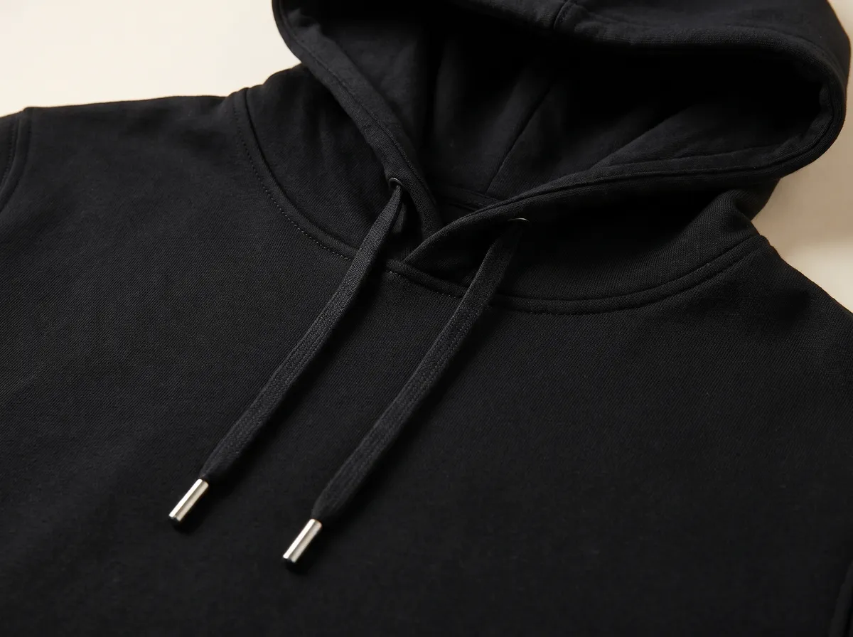 Close-up of the hood, drawcord and stitching