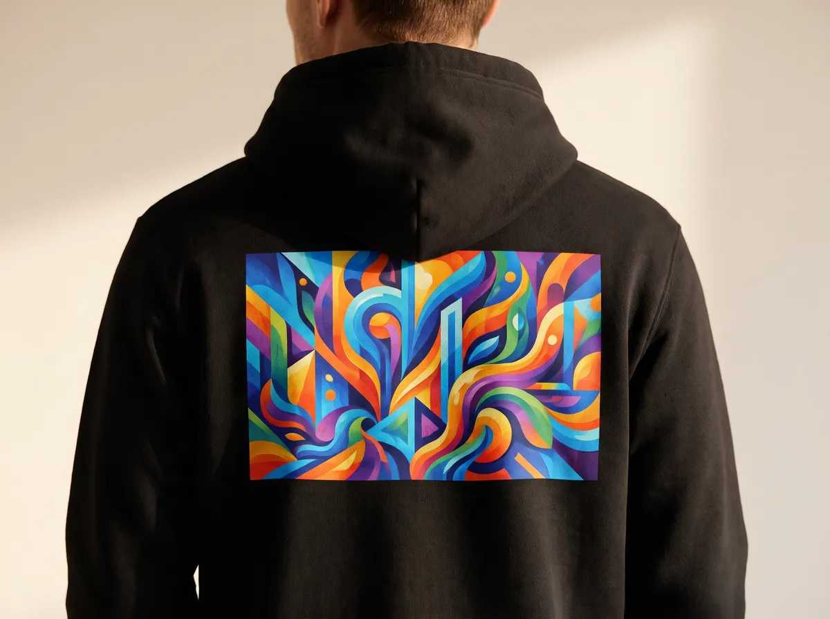 A large full colour print across the back