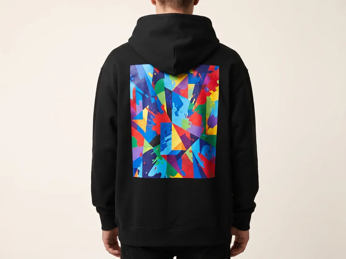 A large full colour print across the back