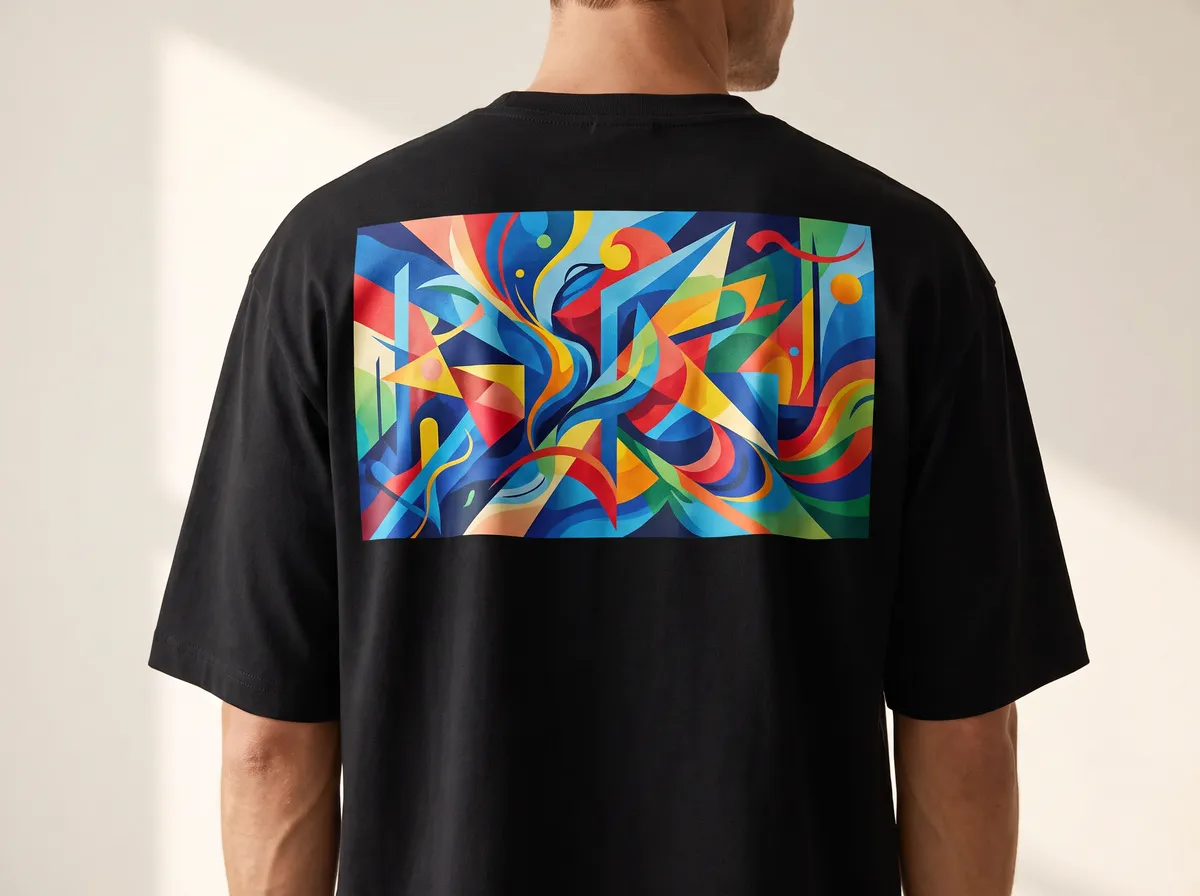 A large full colour print across the back