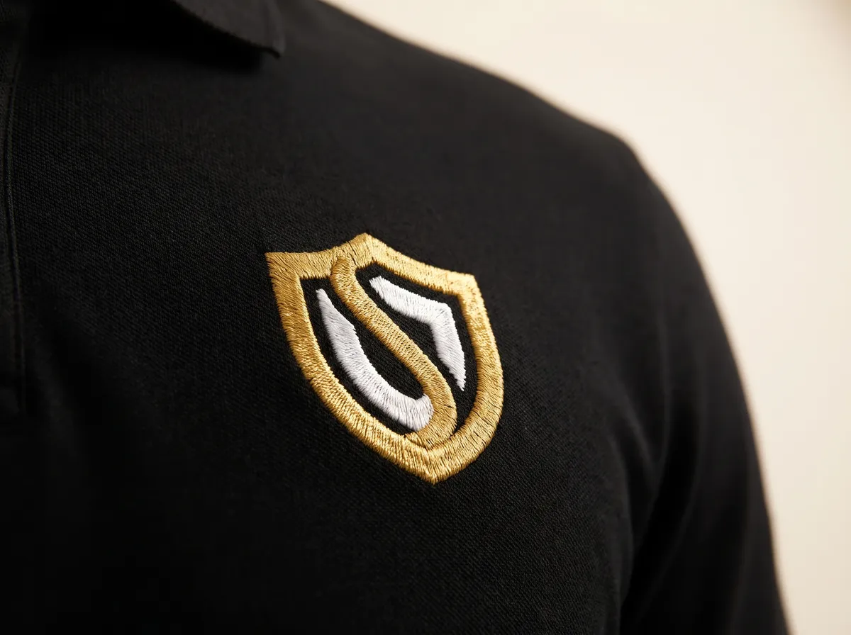 An embroidered logo on the chest