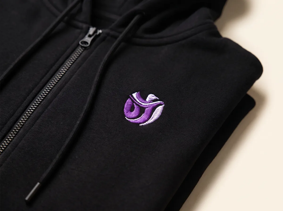 An embroidered logo on the chest