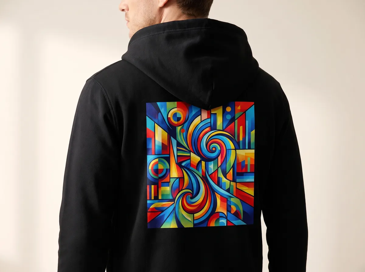 A large full colour print across the back