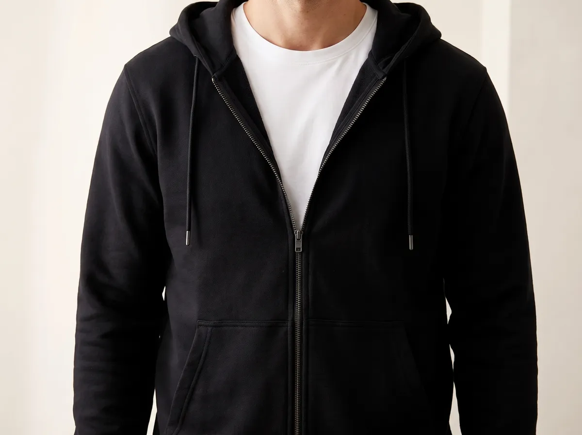 The zipper hoodie worn open
