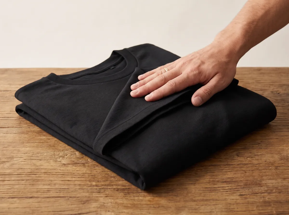 The t-shirt folded, showing the weight of the fabric