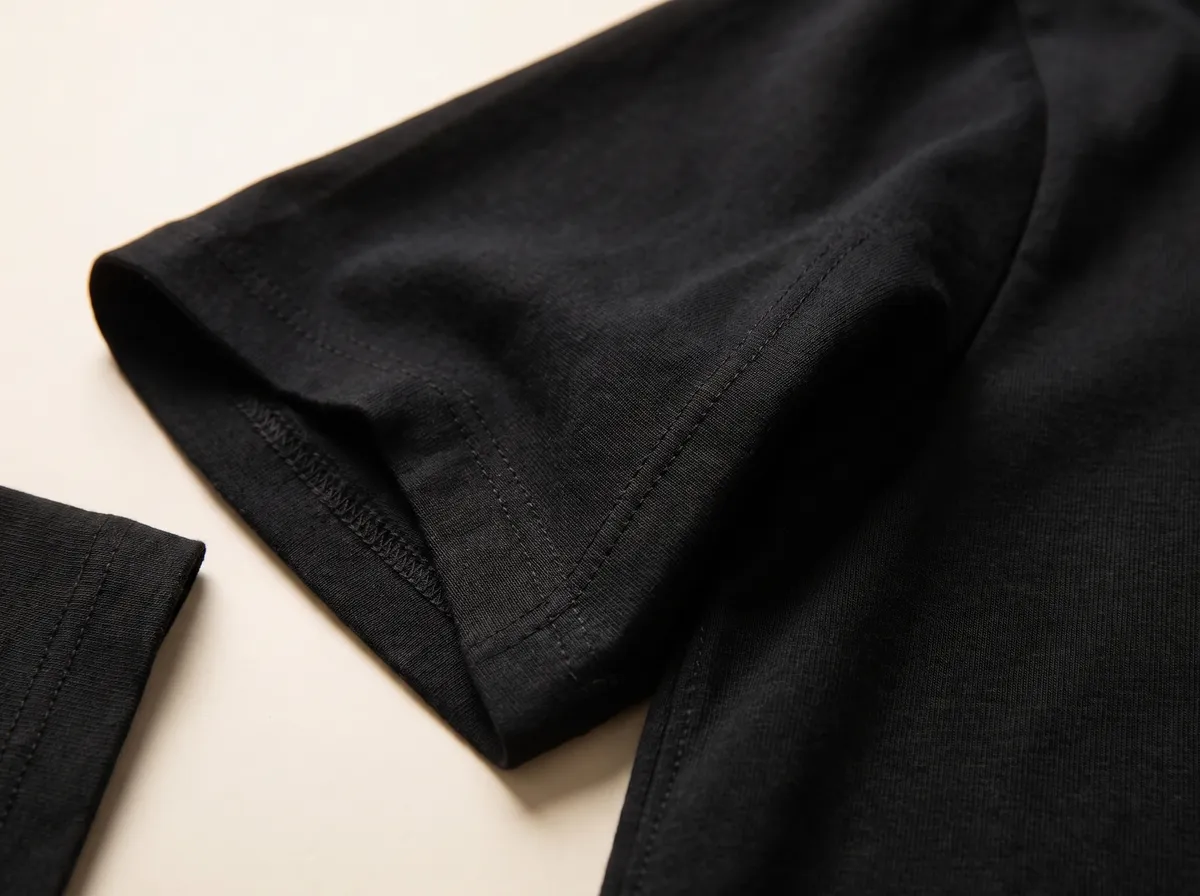 Close-up of the double needle stitched sleeve and side seam