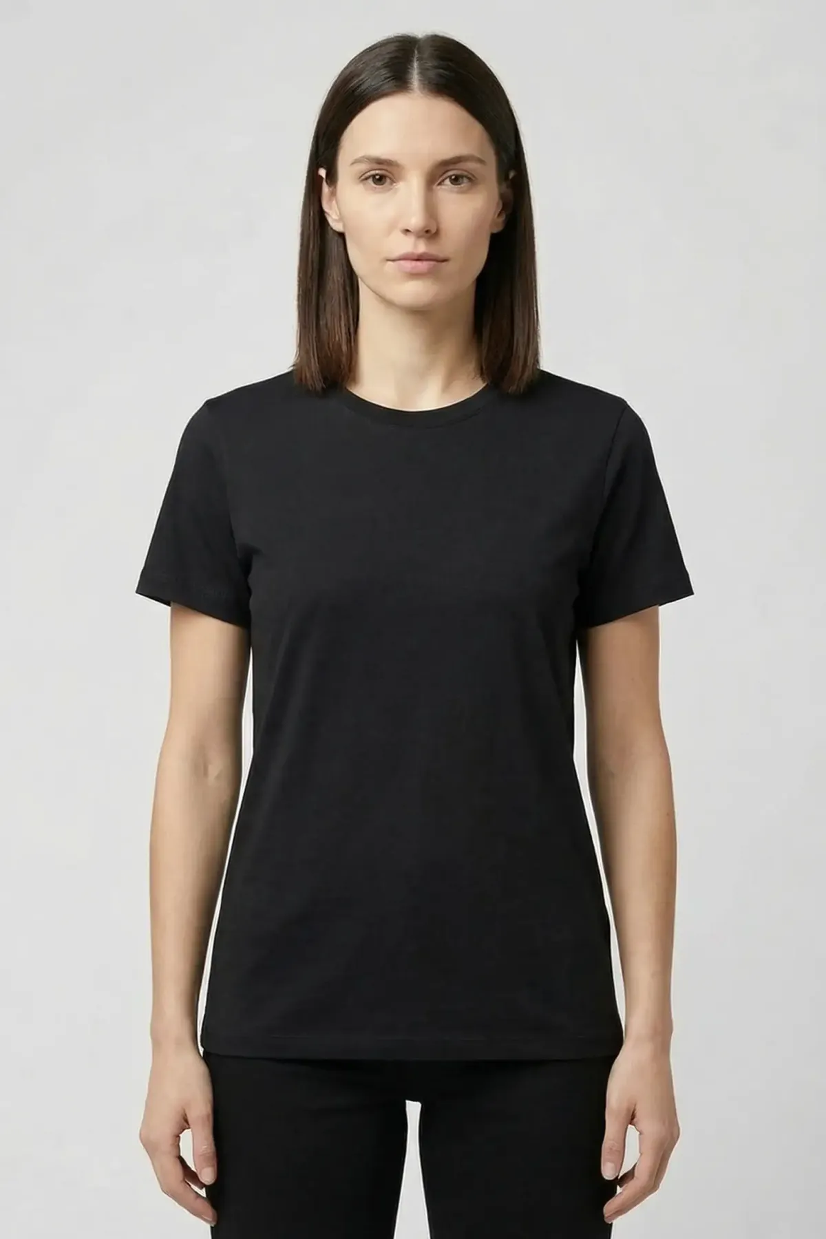Classic Crewneck in Black, front, on a woman