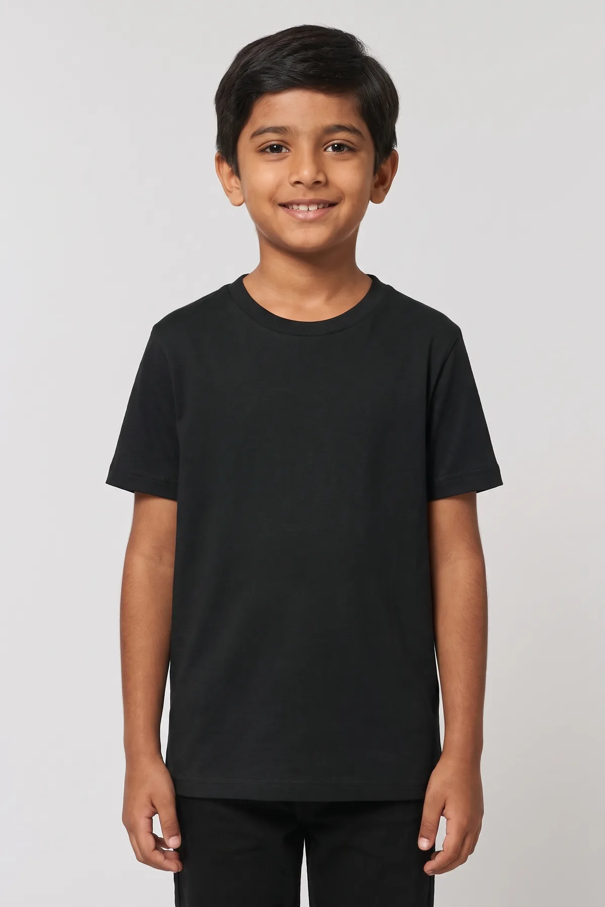 Classic Kids Crewneck Tee in Black, front, on a child