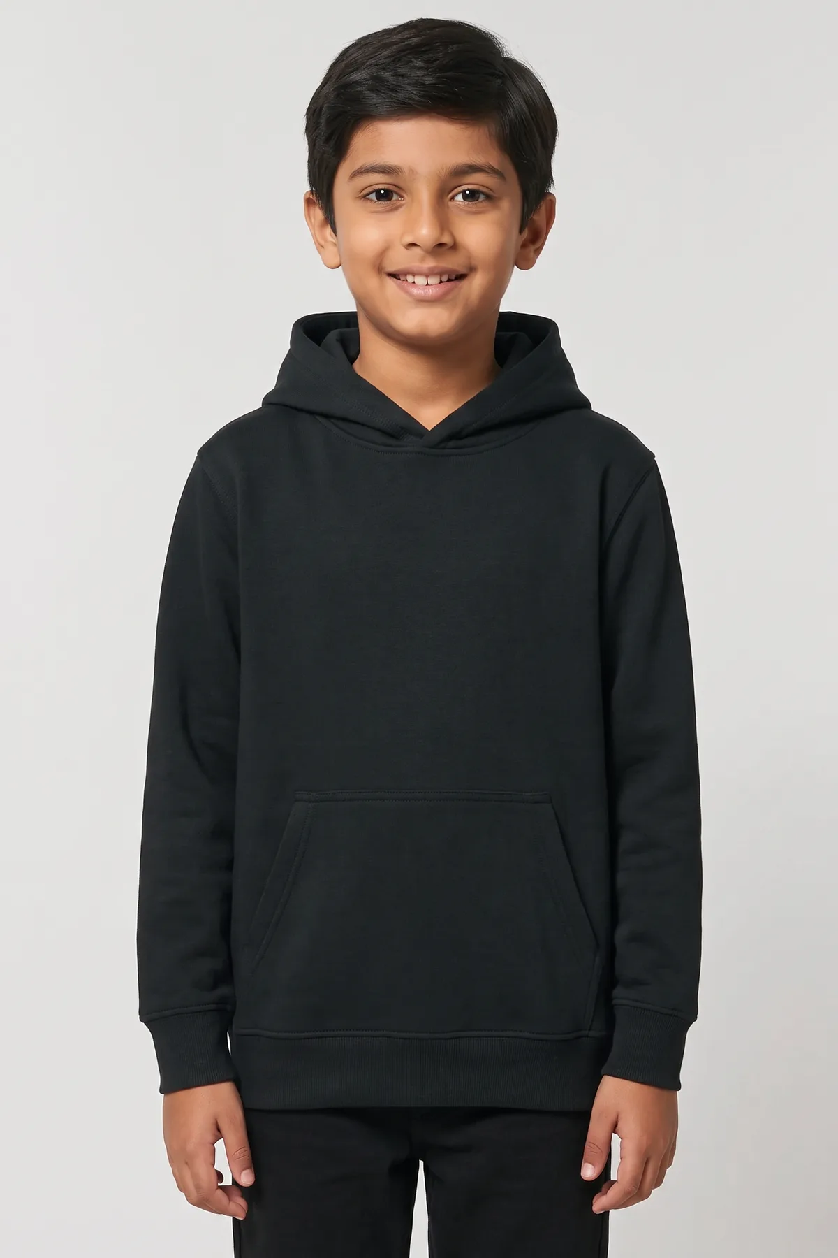 Classic Kids Hoodie in Black, front, on a child