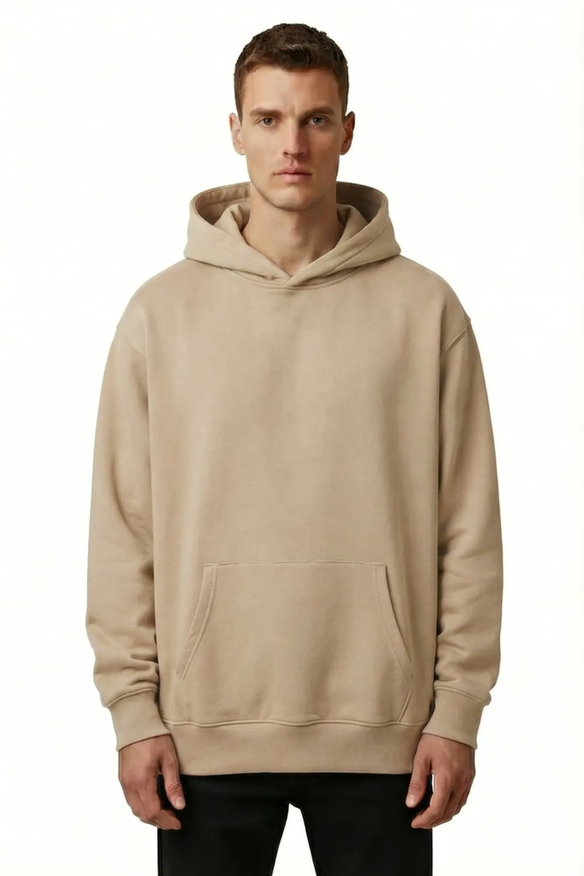 Classic Oversized Hoodie in Beige, front, on a man