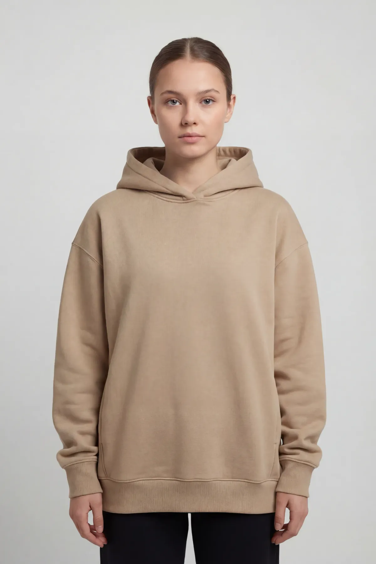 Classic Oversized Hoodie in Beige, front, on a woman