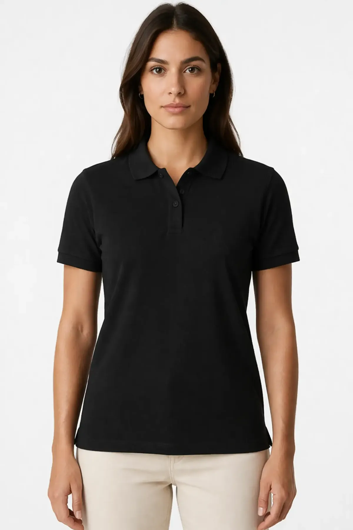Classic Polo in Black, front, on a woman