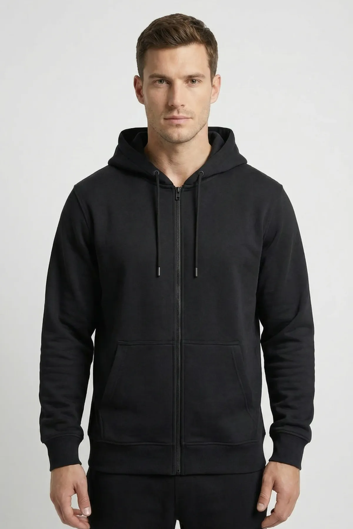 Classic Zipper Hoodie in Black, front, on a man