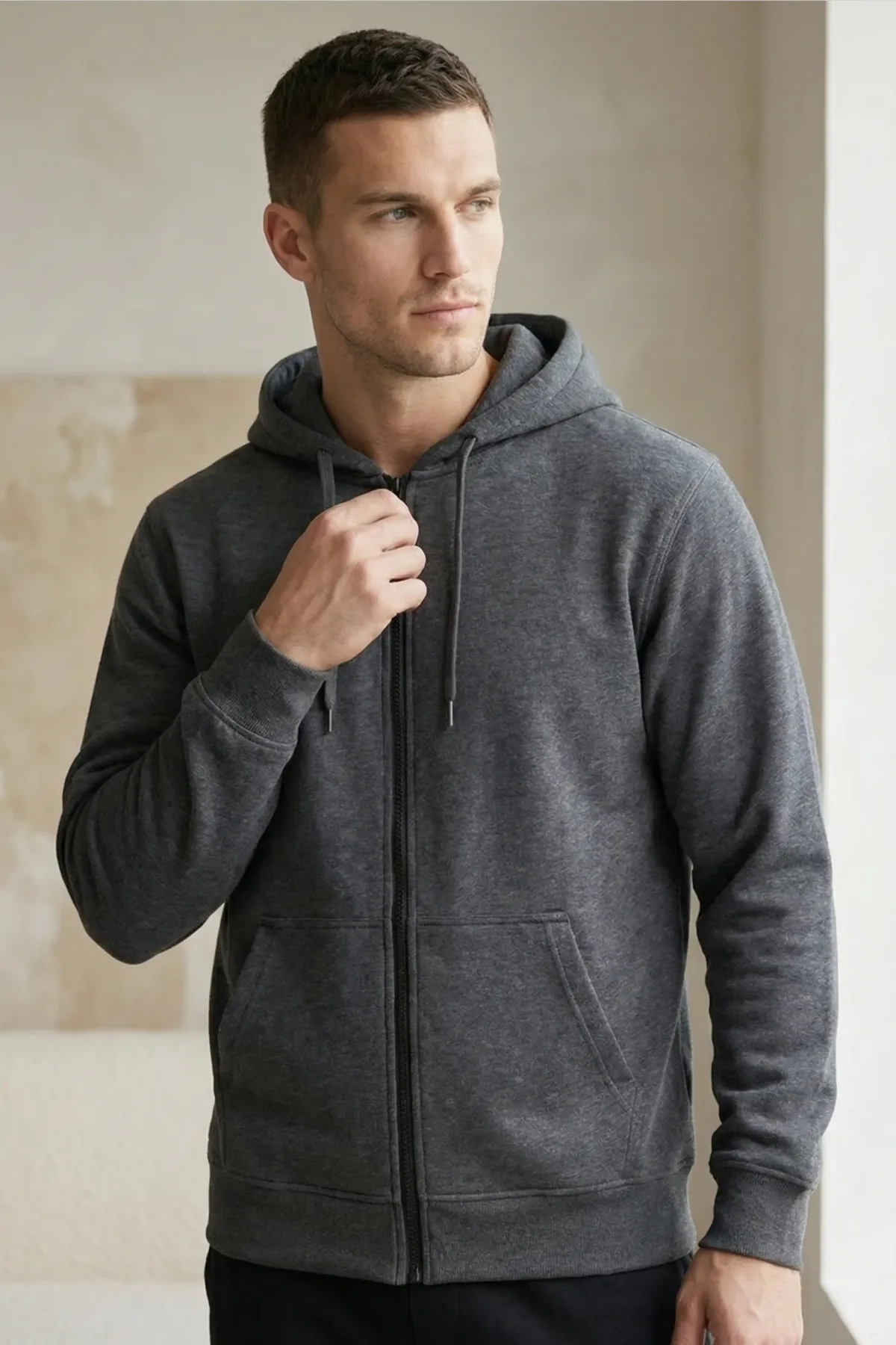 Classic Zipper Hoodie in Charcoal Melange