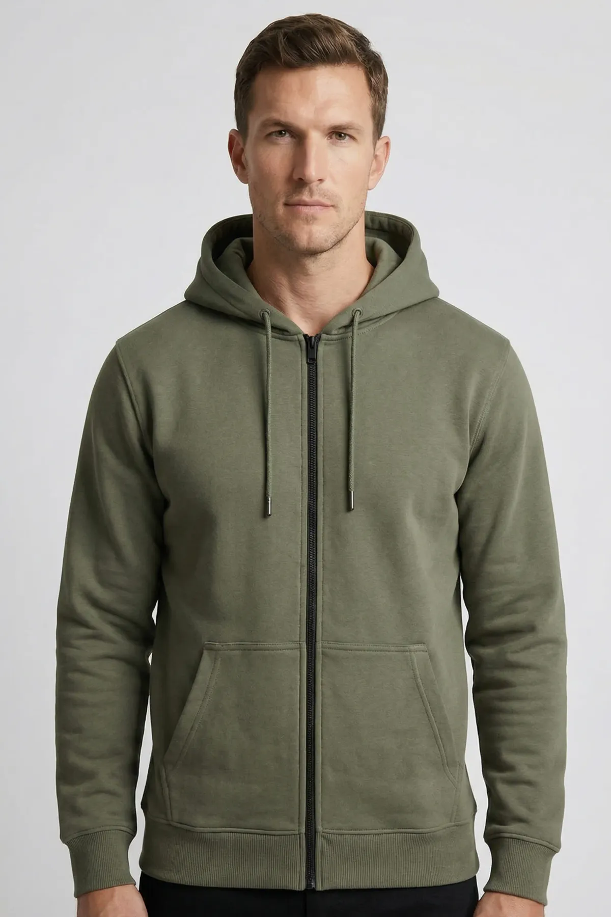 Men's Classic Zipper Hoodie in Olive Green
