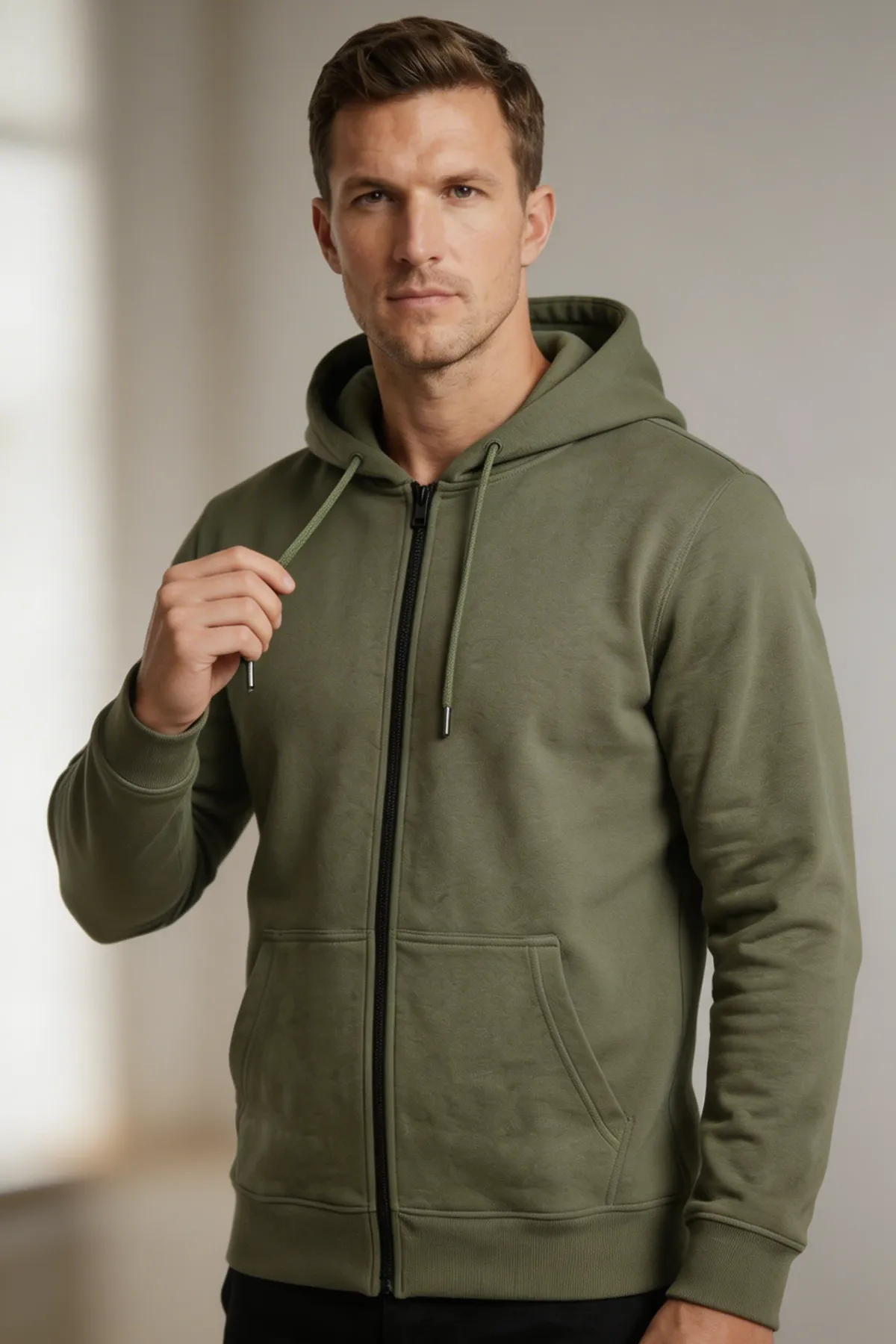 Classic Zipper Hoodie in Olive Green