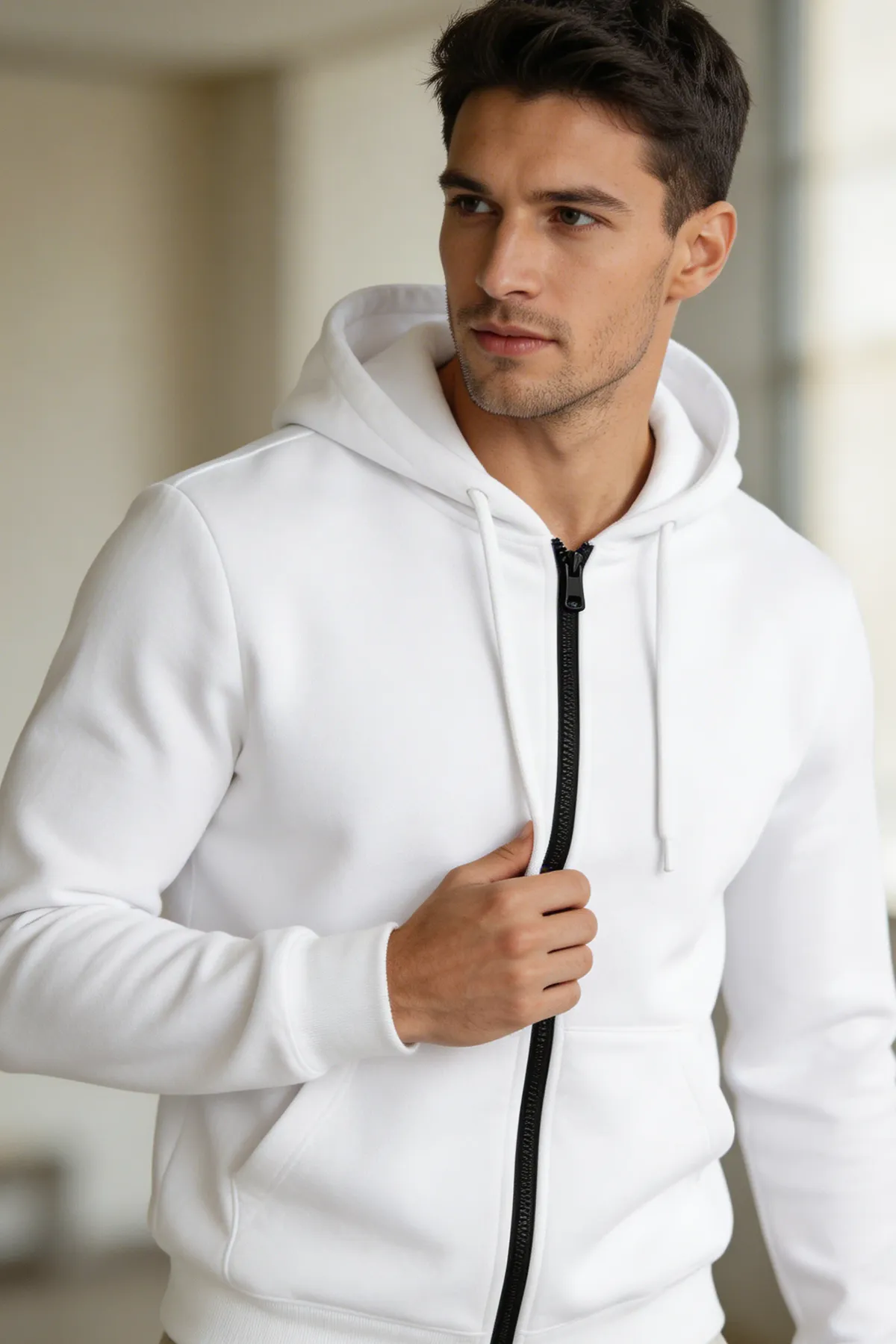 Classic Zipper Hoodie in White