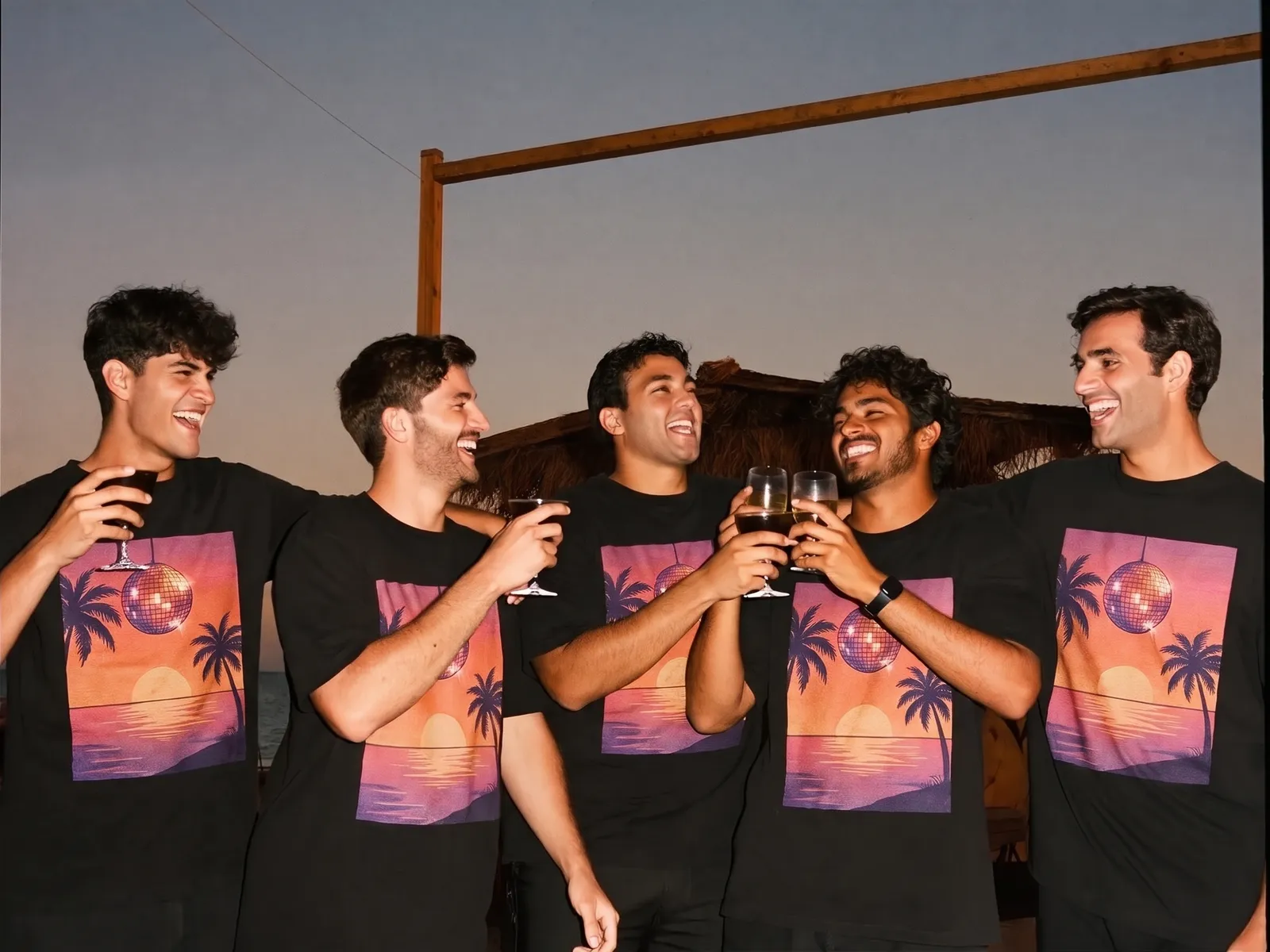 Five friends in black oversized t-shirts printed with a retro sunset, palm trees and a disco ball, raising a toast at a beach bar at sunset