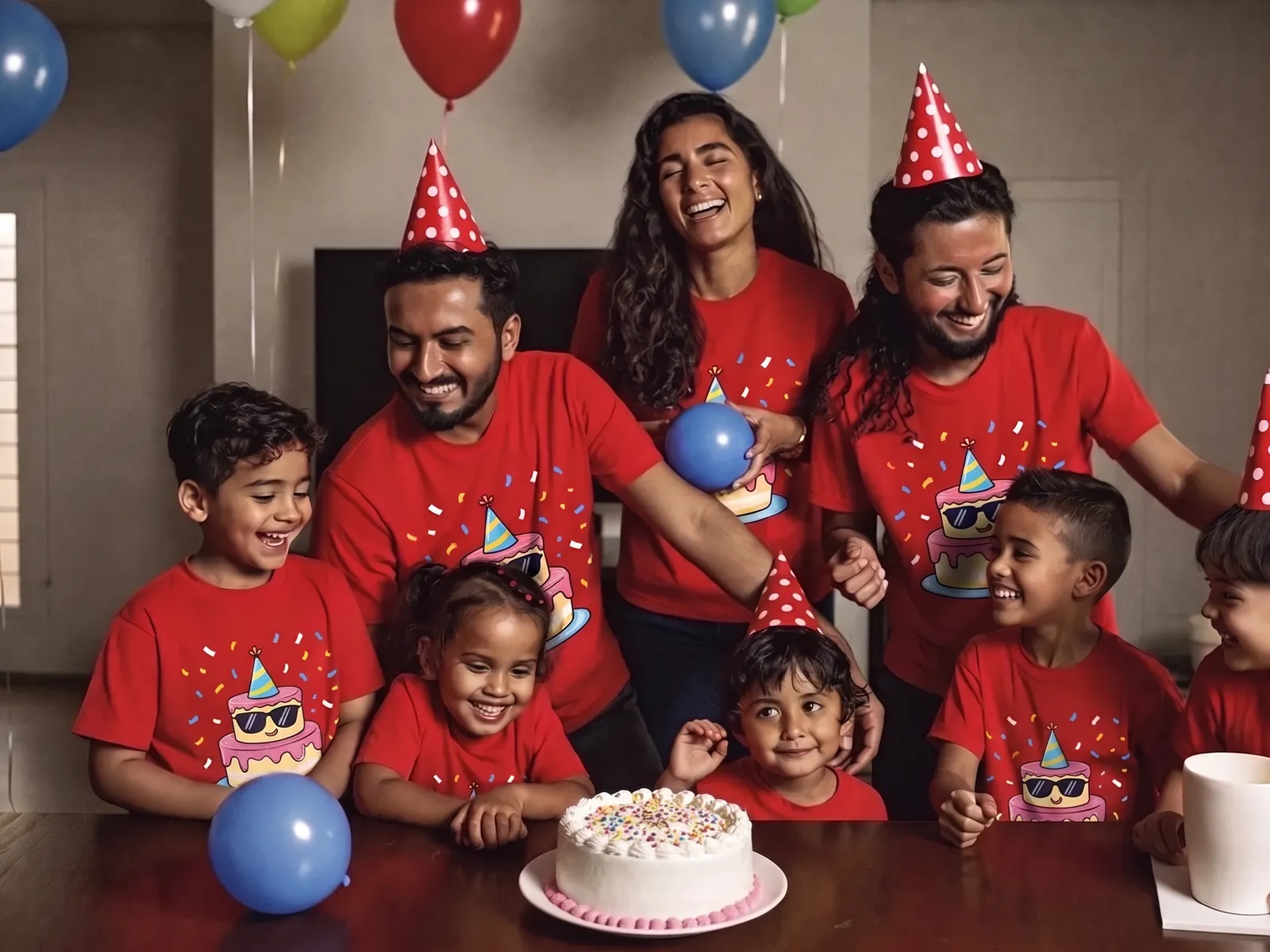A family in red t-shirts printed with a cartoon birthday cake in a party hat and sunglasses, around a birthday cake with balloons at a children's party