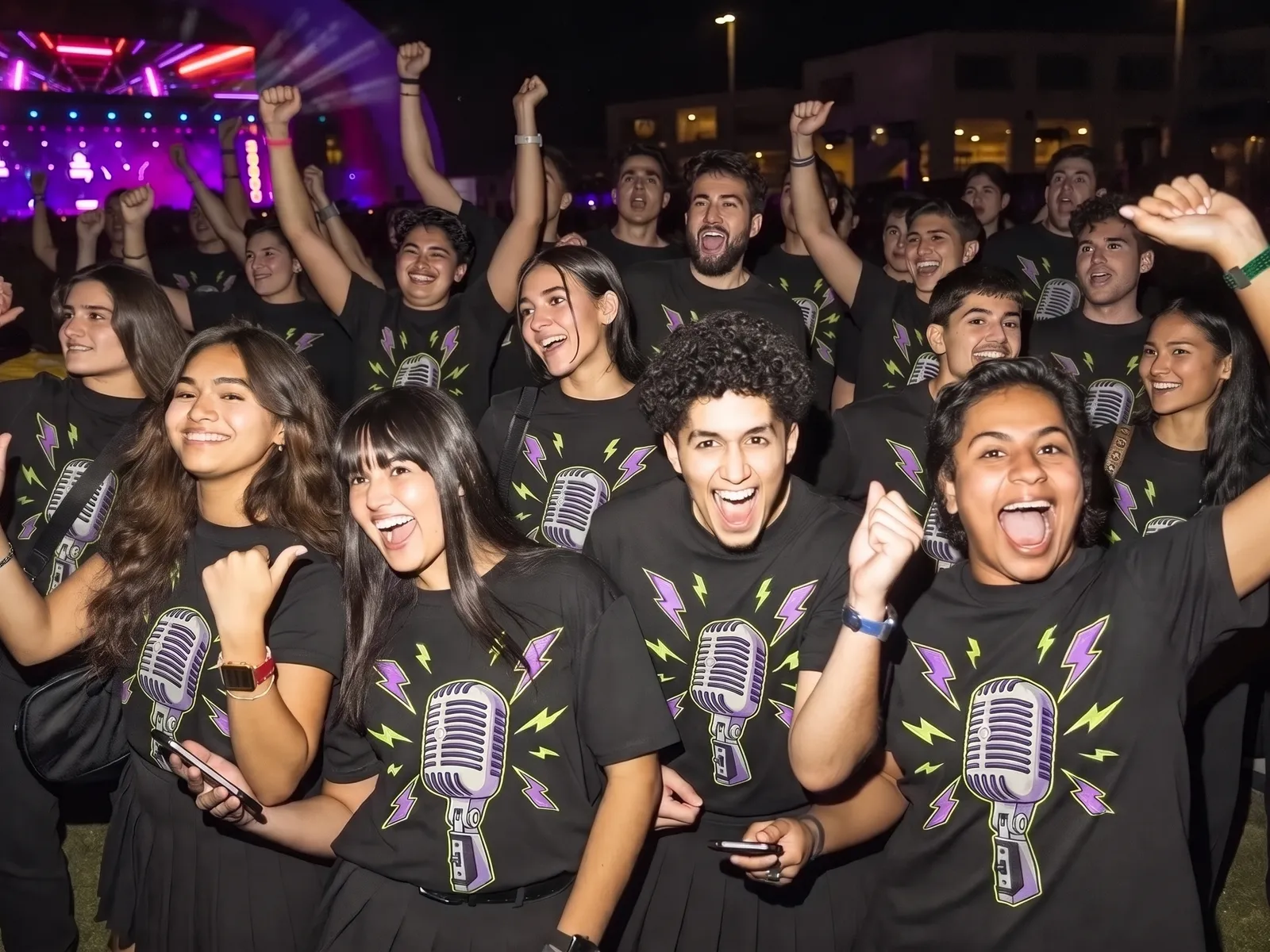 Student volunteers in black t-shirts printed with a retro microphone and lightning bolts, cheering in front of a lit stage at a college fest at night