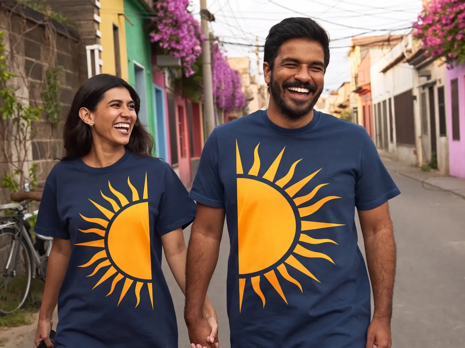 A young couple in navy t-shirts that each carry half of a big yellow sun print, making one sun as they walk hand in hand down a street lined with bougainvillea