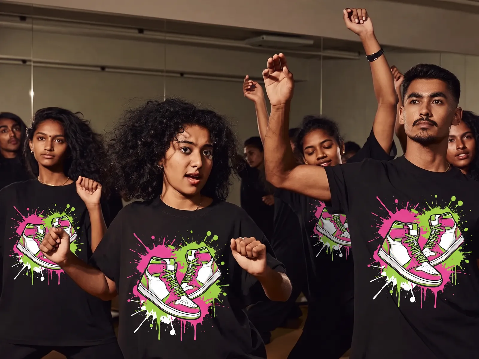 A dance crew in black oversized t-shirts printed with a pink and lime paint splash and a pair of high-top sneakers, caught mid-move in a dance studio