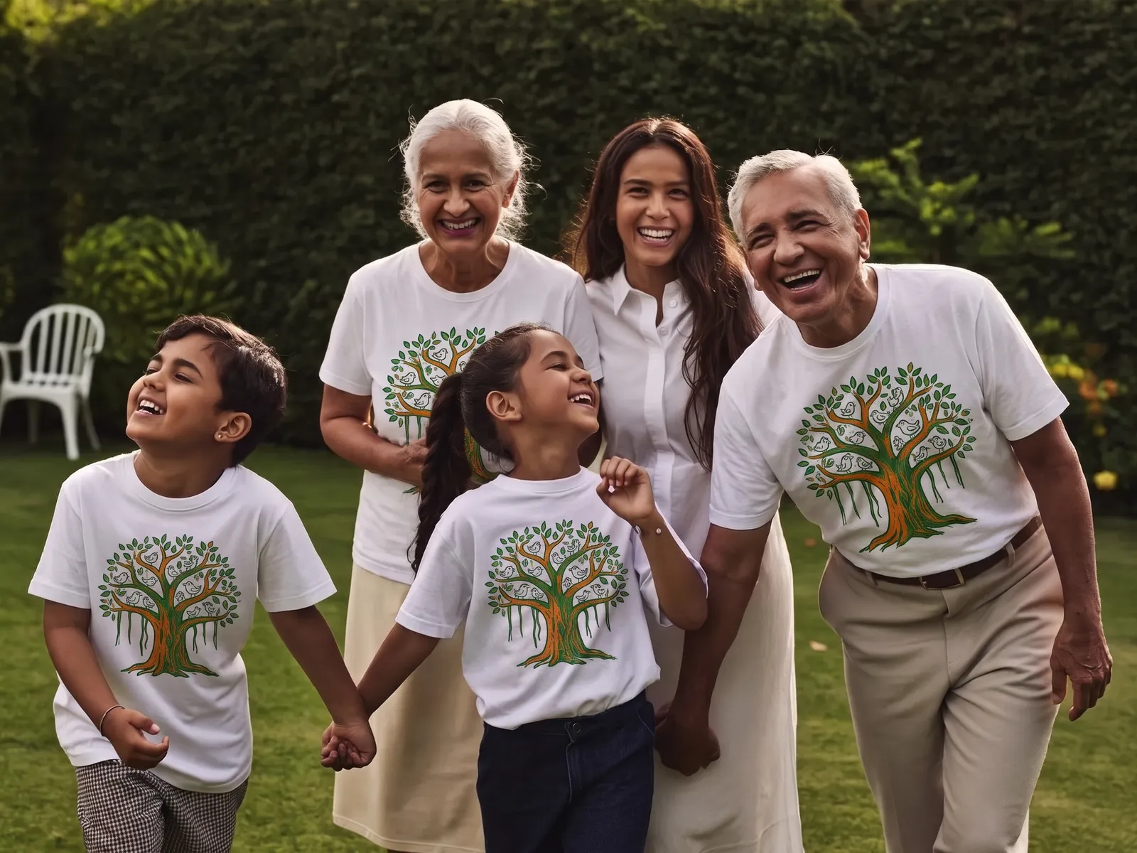 Grandparents, parents and grandchildren in white t-shirts printed with a banyan tree full of doodled birds, laughing together in a garden