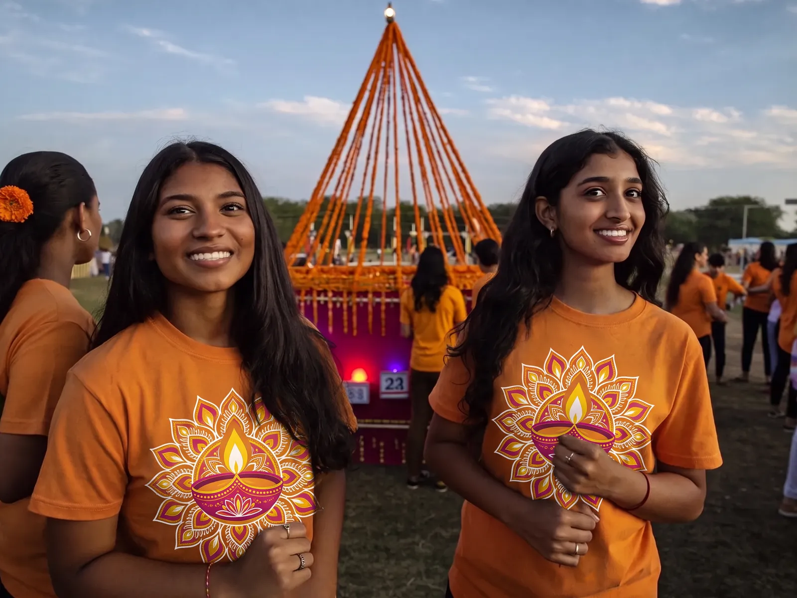 Young women in orange t-shirts printed with a diya inside a rangoli pattern, holding marigold and pink flowers in front of a decorated festival pandal