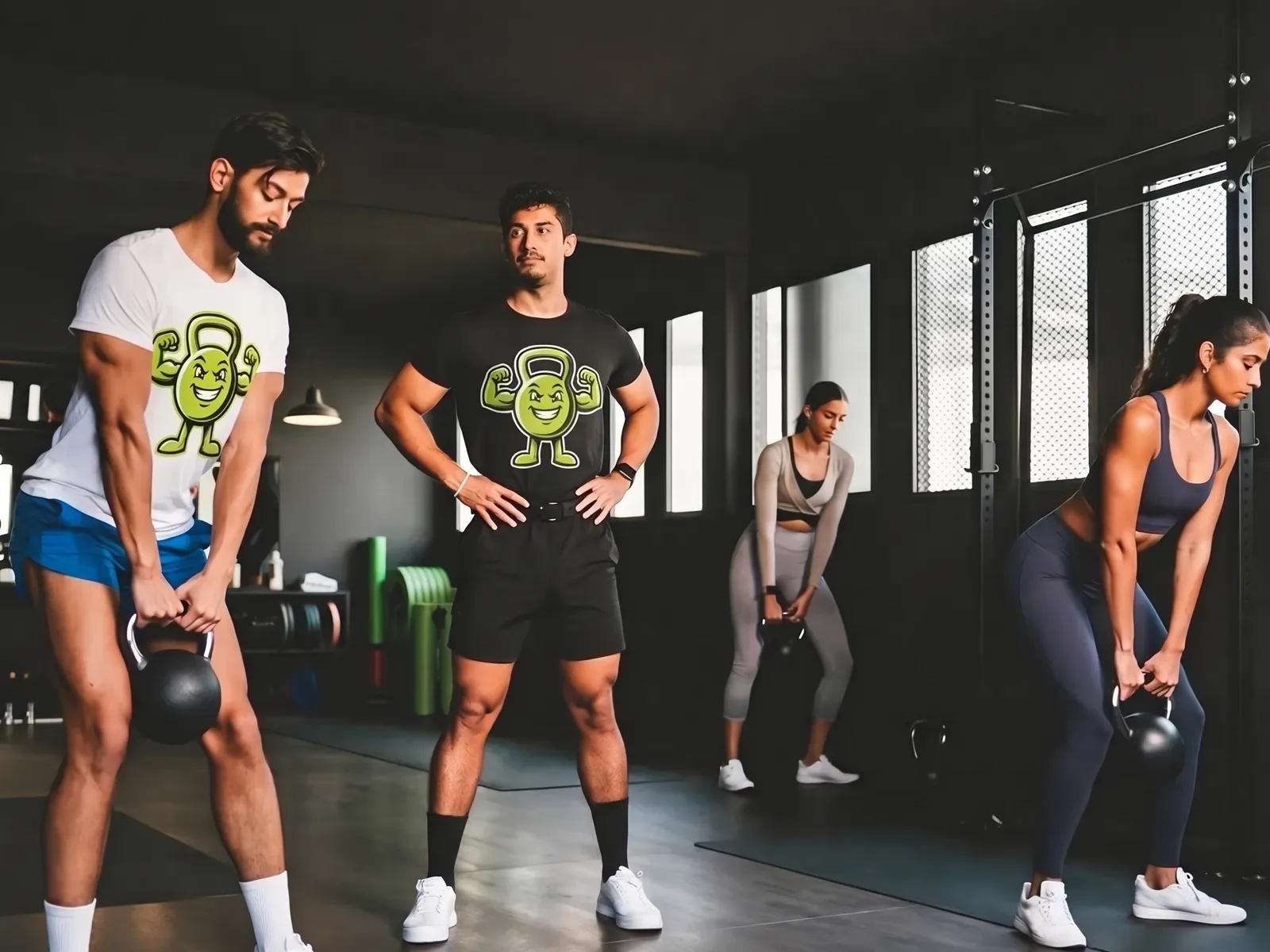 A coach and a member in t-shirts printed with a flexing kettlebell character, training with kettlebells alongside other members in a gym