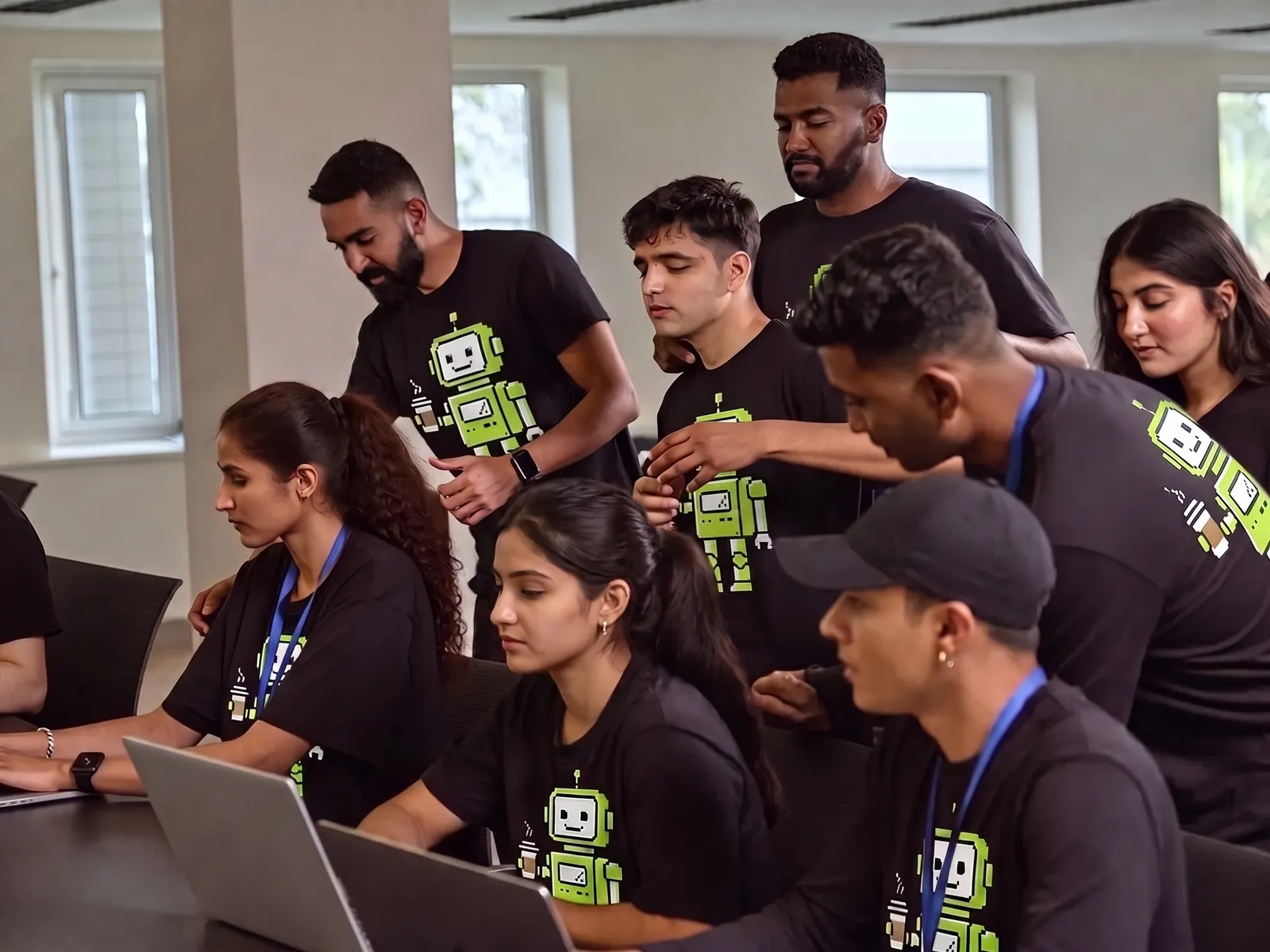 Hackathon organisers and developers in black t-shirts printed with a pixel-art robot holding a coffee cup, working together at their laptops