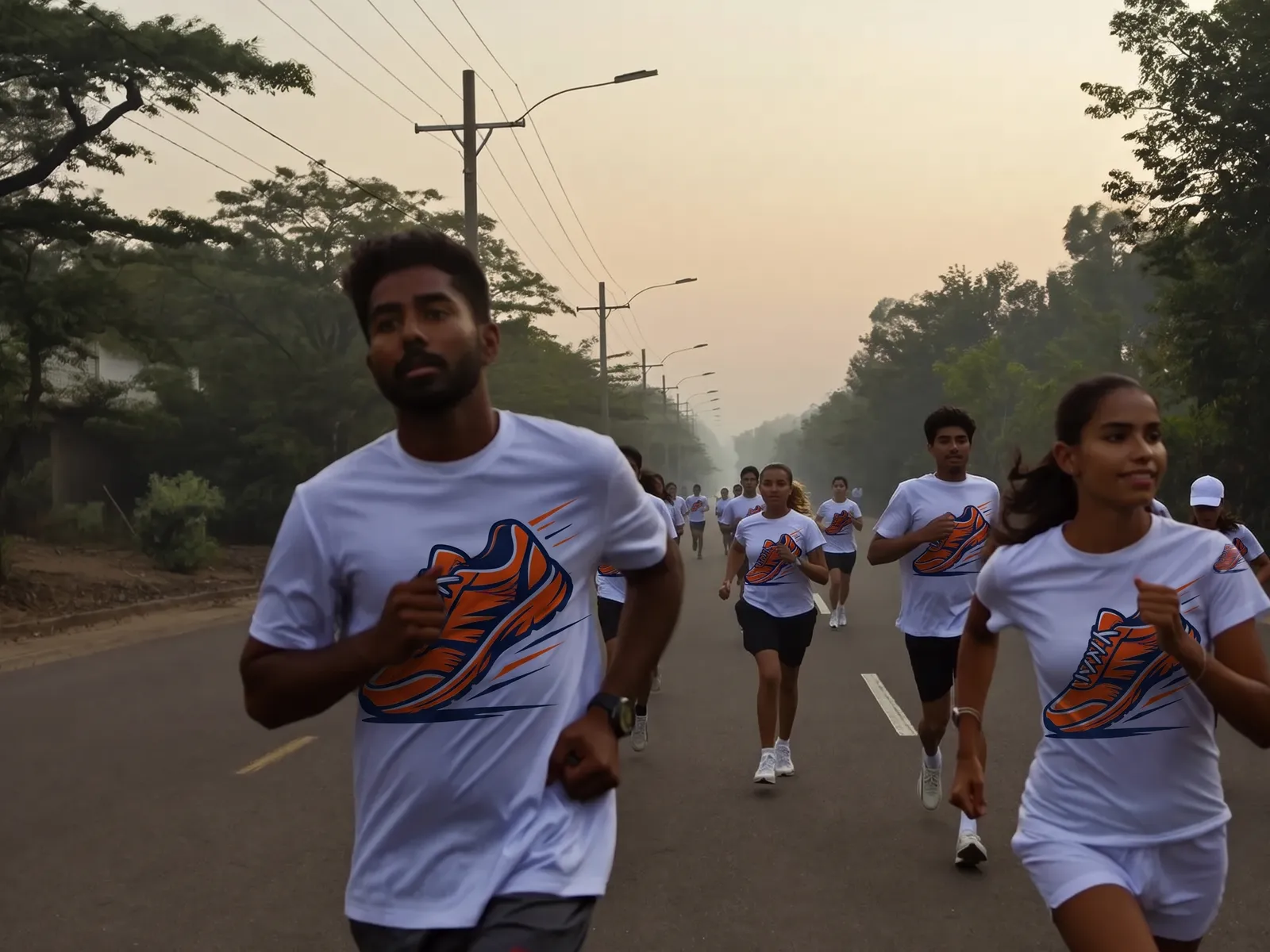 A run club in white t-shirts printed with an orange and navy running shoe, jogging down a tree lined road at dawn