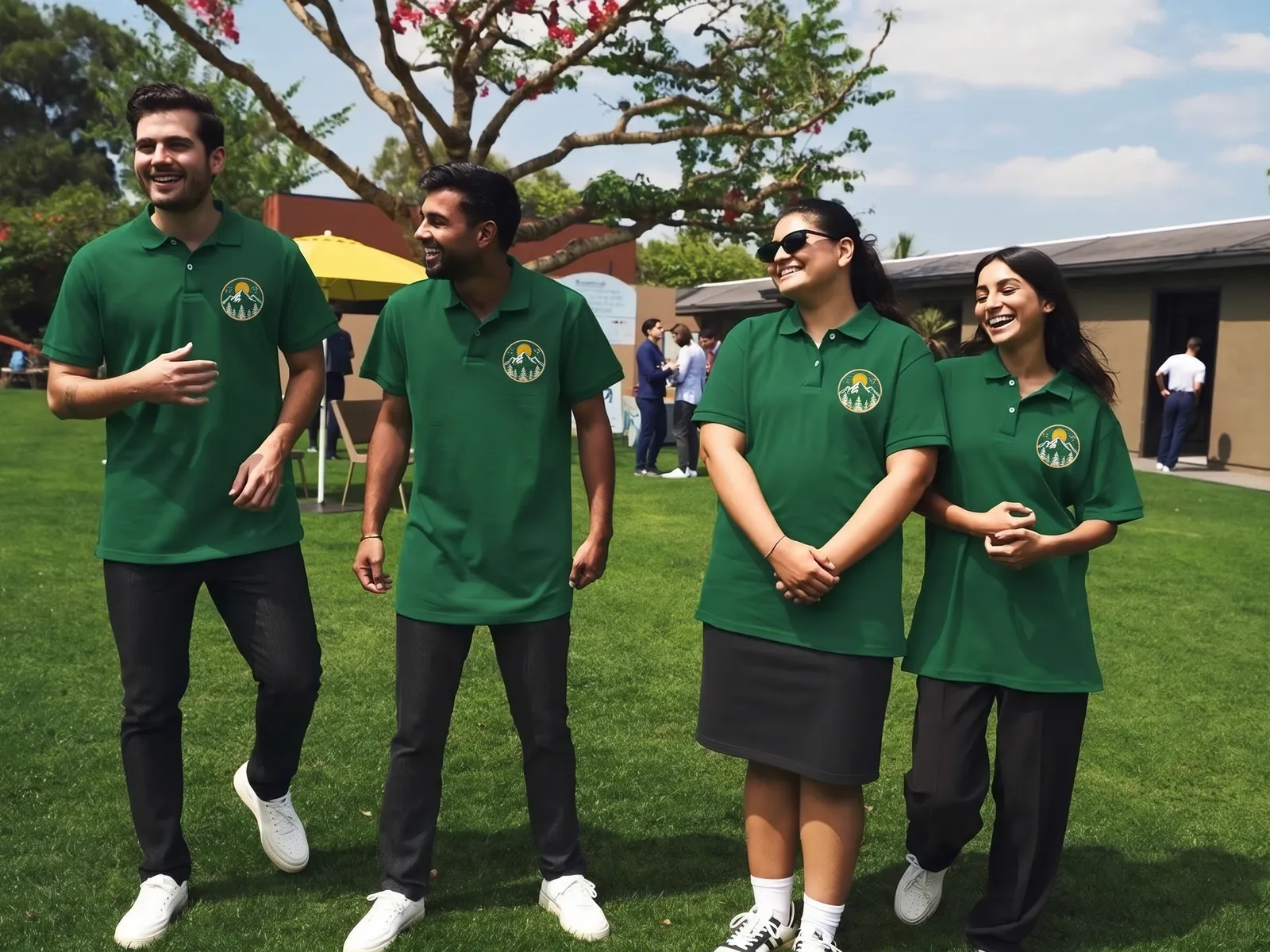 Colleagues in bottle green polo shirts with an embroidered mountain and pine tree badge on the chest, laughing together on a lawn at a company offsite