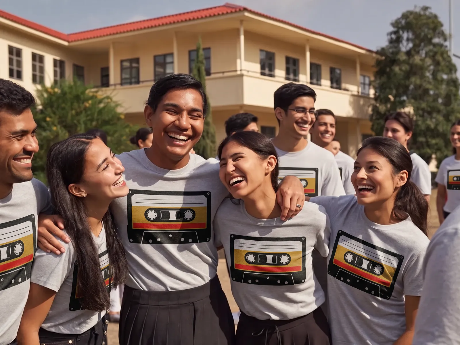 Old school friends in grey melange t-shirts printed with a big retro cassette tape, hugging and laughing at a batch reunion