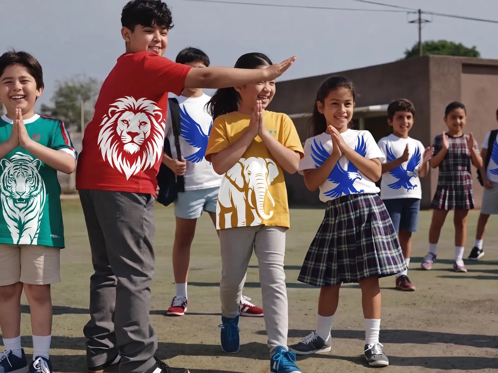 School children in house t-shirts printed with big mascots, a lion on red, a tiger on green, an elephant on yellow and an eagle on white, cheering on sports day
