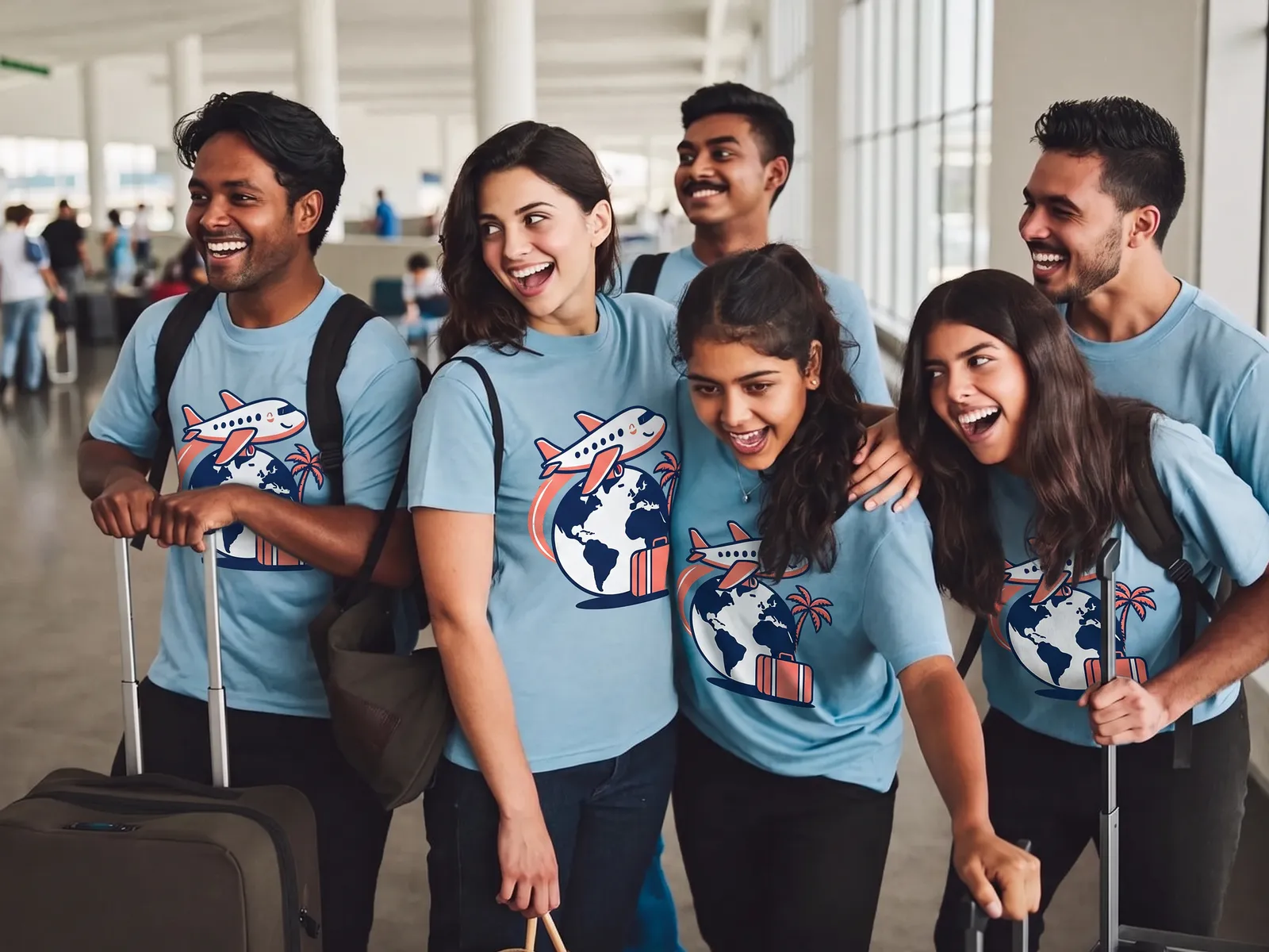 Six friends in matching light blue t-shirts with suitcases in an airport departure hall