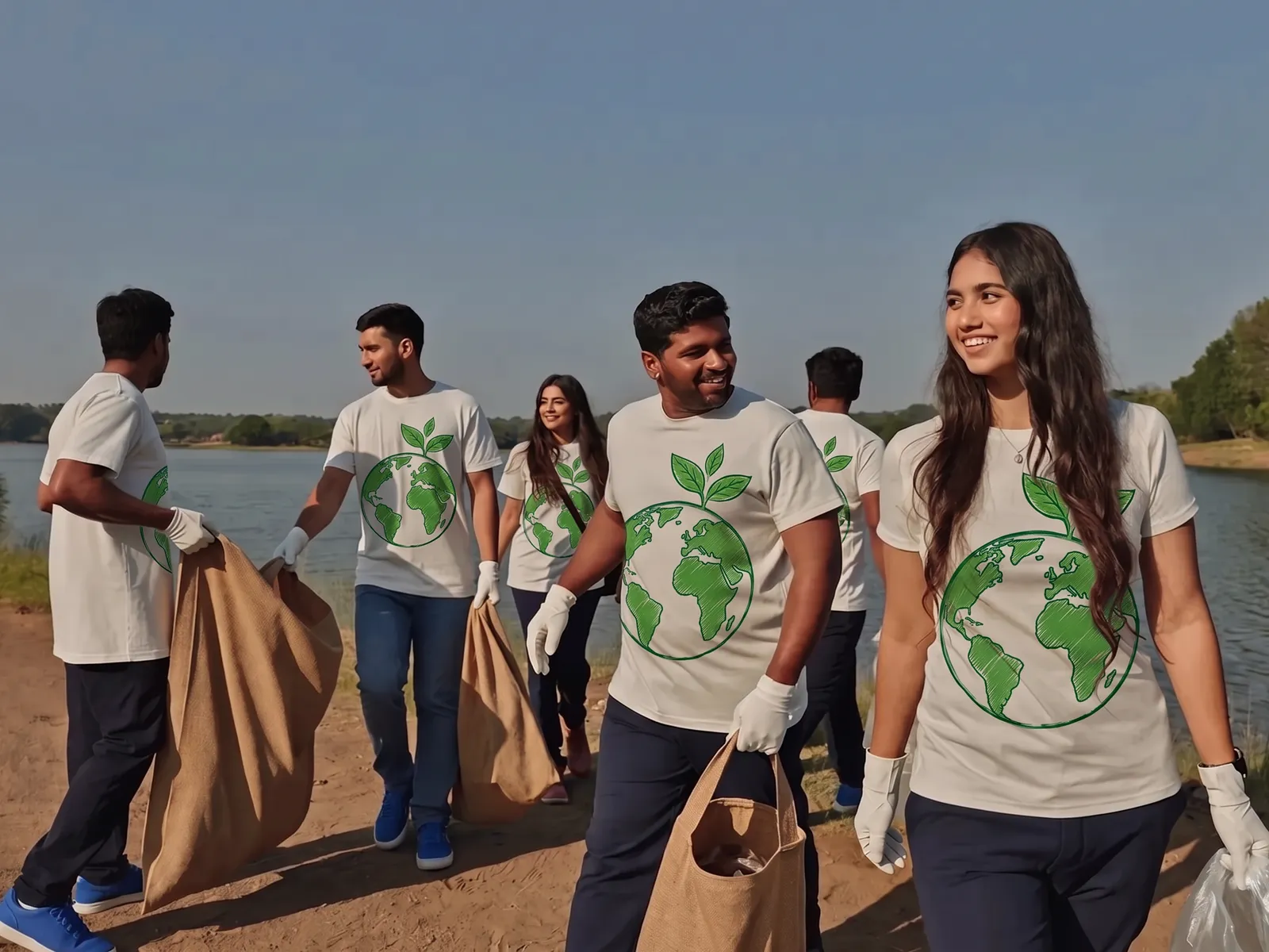Men and women in white t-shirts printed with a green earth sprouting leaves, wearing gloves and carrying sacks of collected rubbish at a lakeside cleanup
