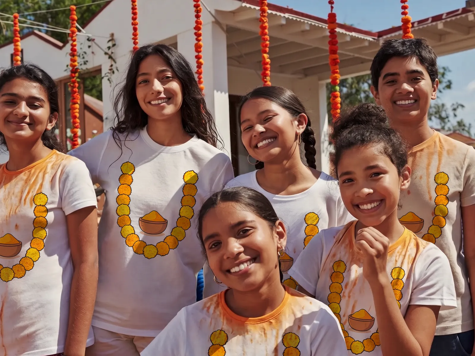 Cousins in white t-shirts printed with a marigold garland and a turmeric bowl, smudged with turmeric and laughing at a haldi under marigold garlands